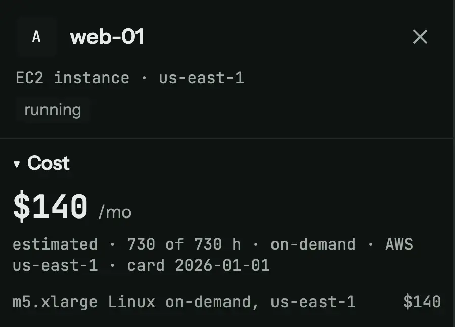 The estimated cost for web-01: $140 a month for 730 hours on demand against the AWS us-east-1 rate card